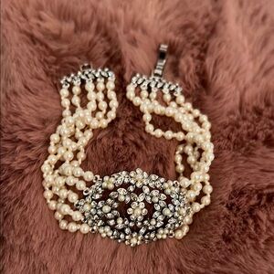 Freshwater Pearl and Flower Rhinestone Silver-Tone Bracelet